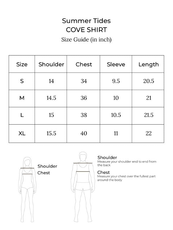 Size chart for Cove Shirt (Vanilla)