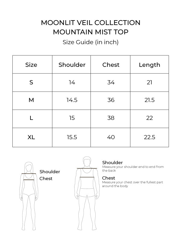 Size chart for Mountain Mist Top (Amber)