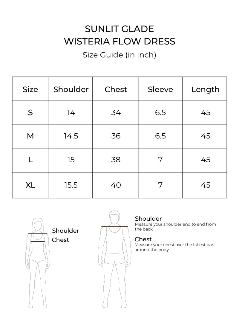 Size chart for Wisteria Flow Dress (Moss)