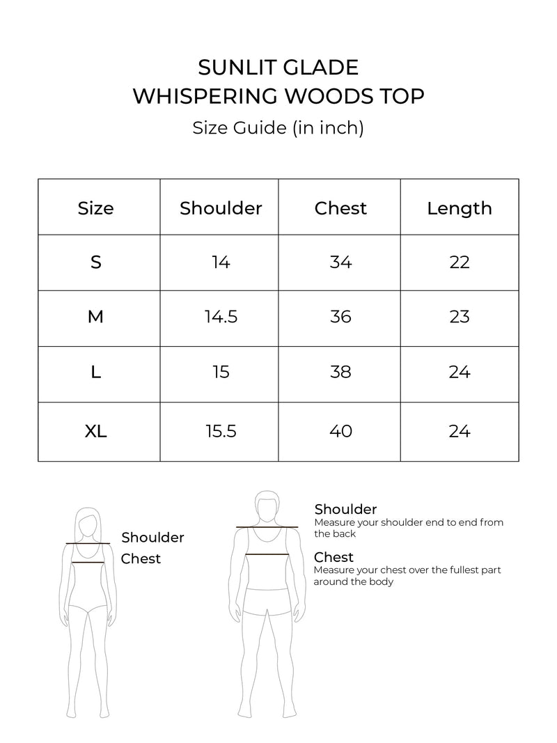 Size chart for Whispering Woods Top (Shadow)