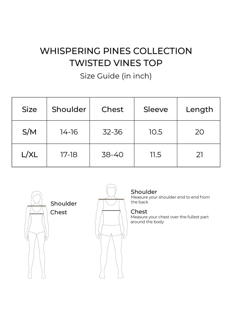 Size chart for Twisted Vines Shirt (Woodland Pine)
