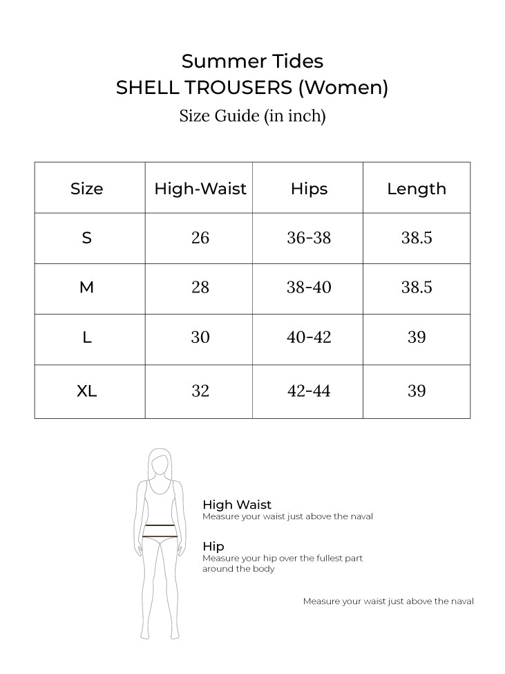 Size chart for Shell Trousers (Chestnut)