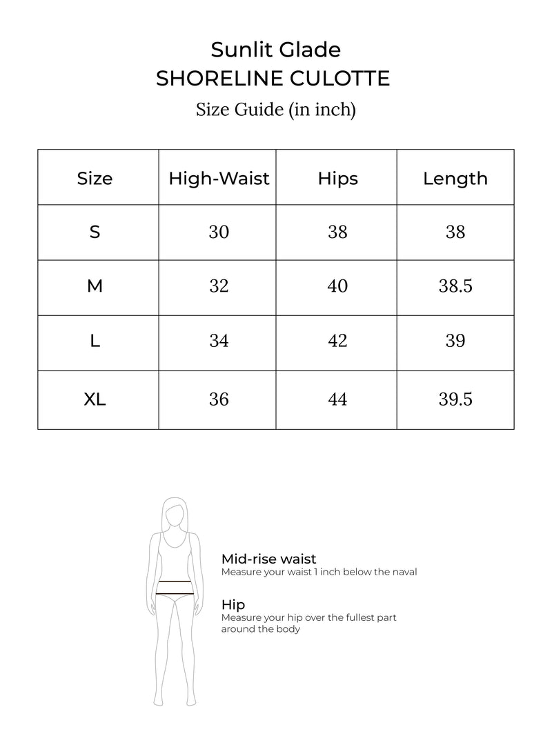 Size chart for Shoreline Culotte (Magpie Blue)