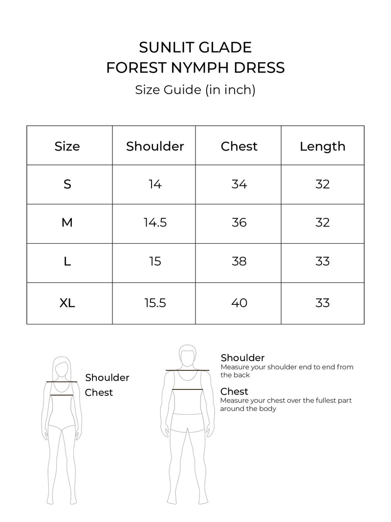 Size chart for Forest Nymph Dress (Moss)